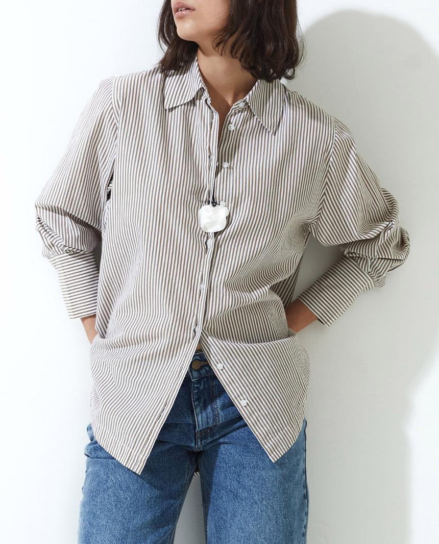 Camisa popelín algodón orgánico rayas camel