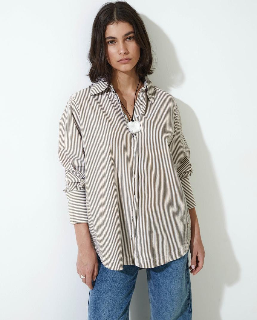 Camisa popelín algodón orgánico rayas camel