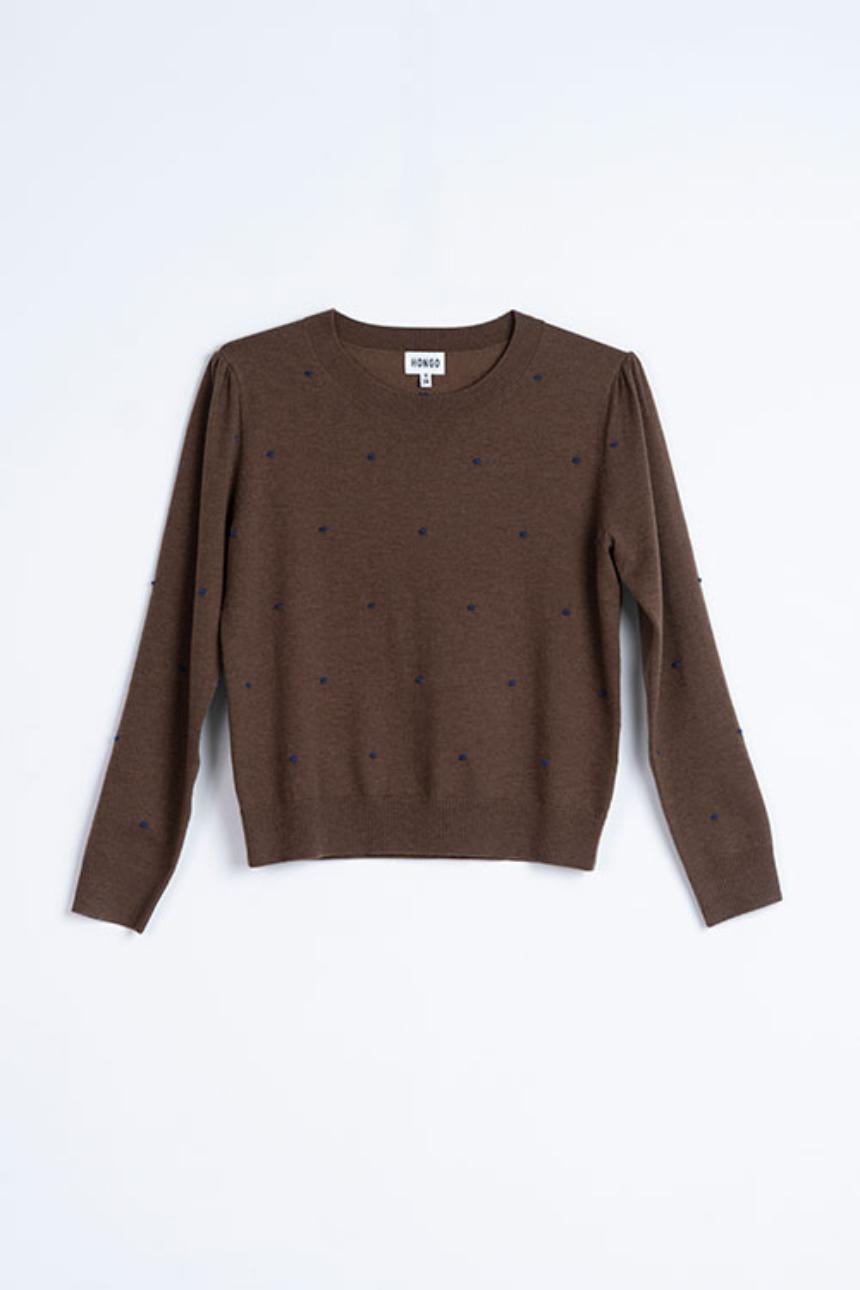 Jersey de punto fino marrón con lunares azules