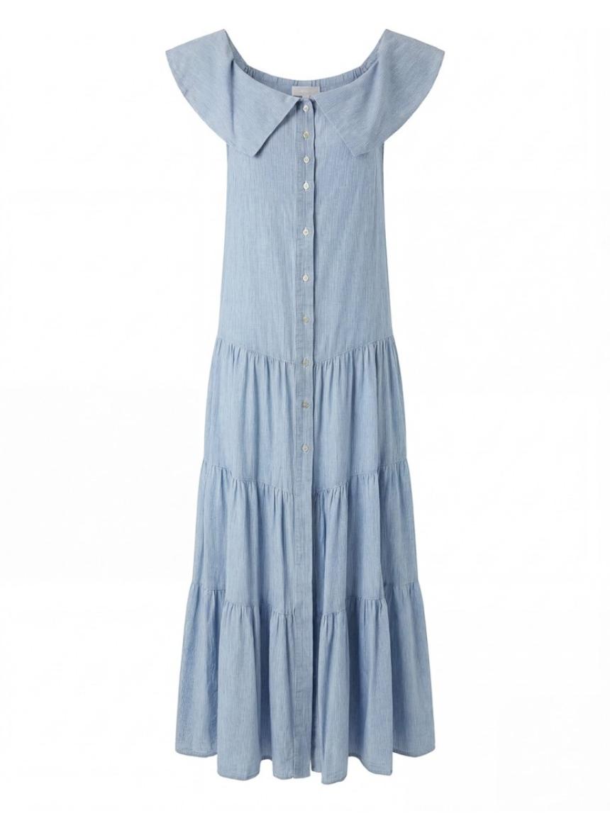 Vestido largo de lino con escote cuadrado.