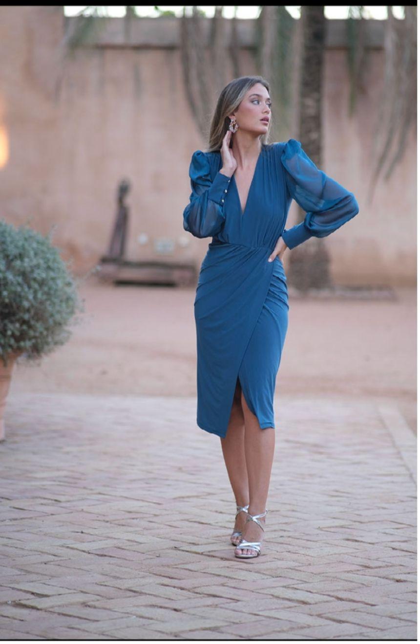 Vestido midi mangas organza - Wengué Ana y Carmen - Vestidos de fiesta cortos/midi - Seda y Color