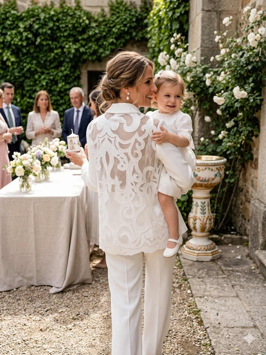 Traje blanco con encaje espalda