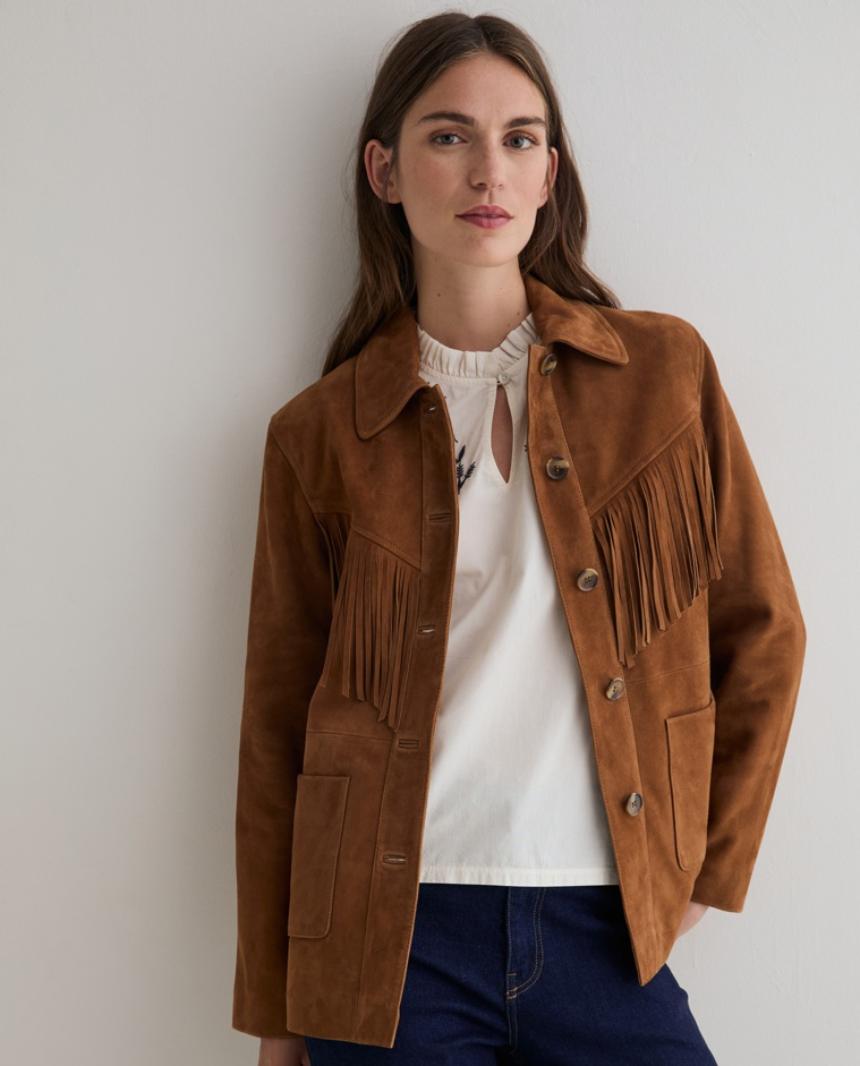 Chaqueta piel ante flecos marrón