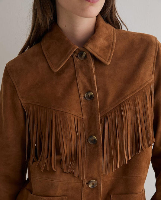 Chaqueta piel ante flecos marrón