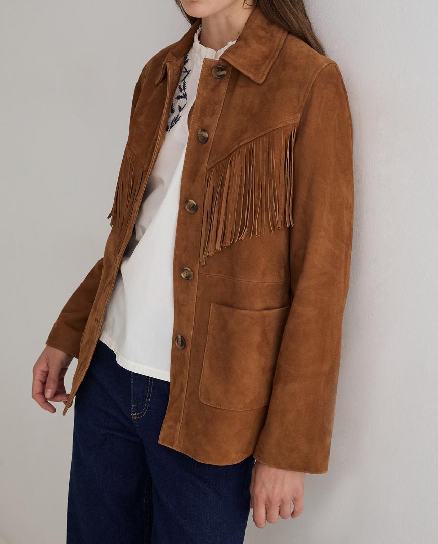 Chaqueta piel ante flecos marrón