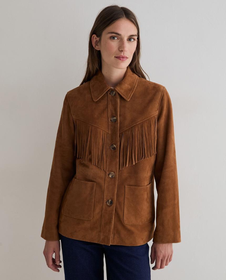 Chaqueta piel ante flecos marrón