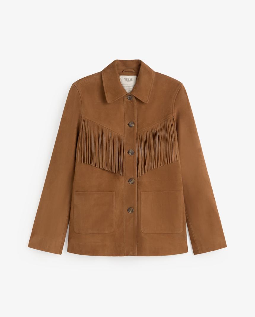 Chaqueta piel ante flecos marrón