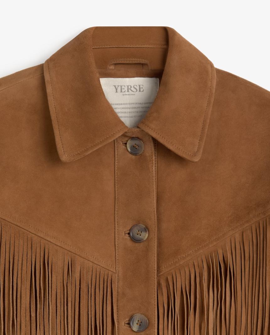 Chaqueta piel ante flecos marrón