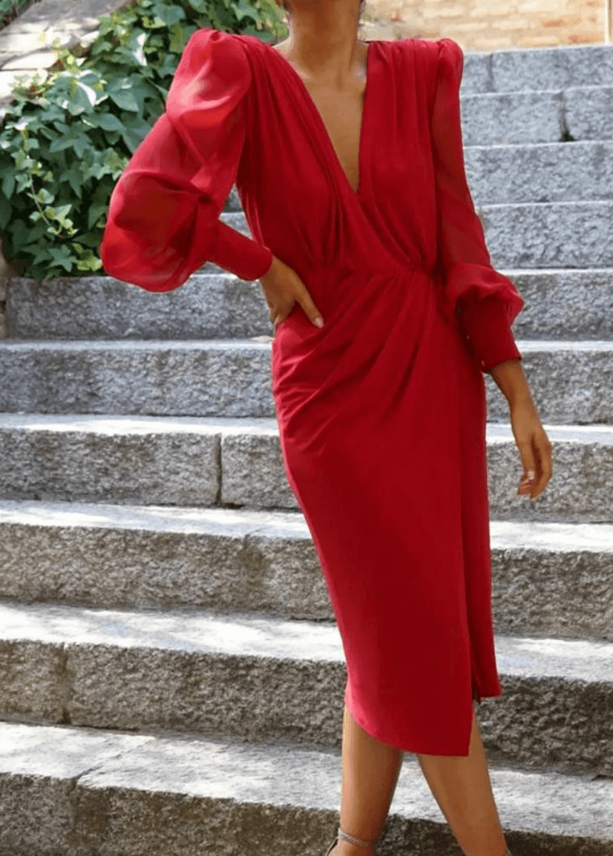 Vestido midi mangas organza - Wengué Ana y Carmen - Vestidos de fiesta cortos/midi - Seda y Color 