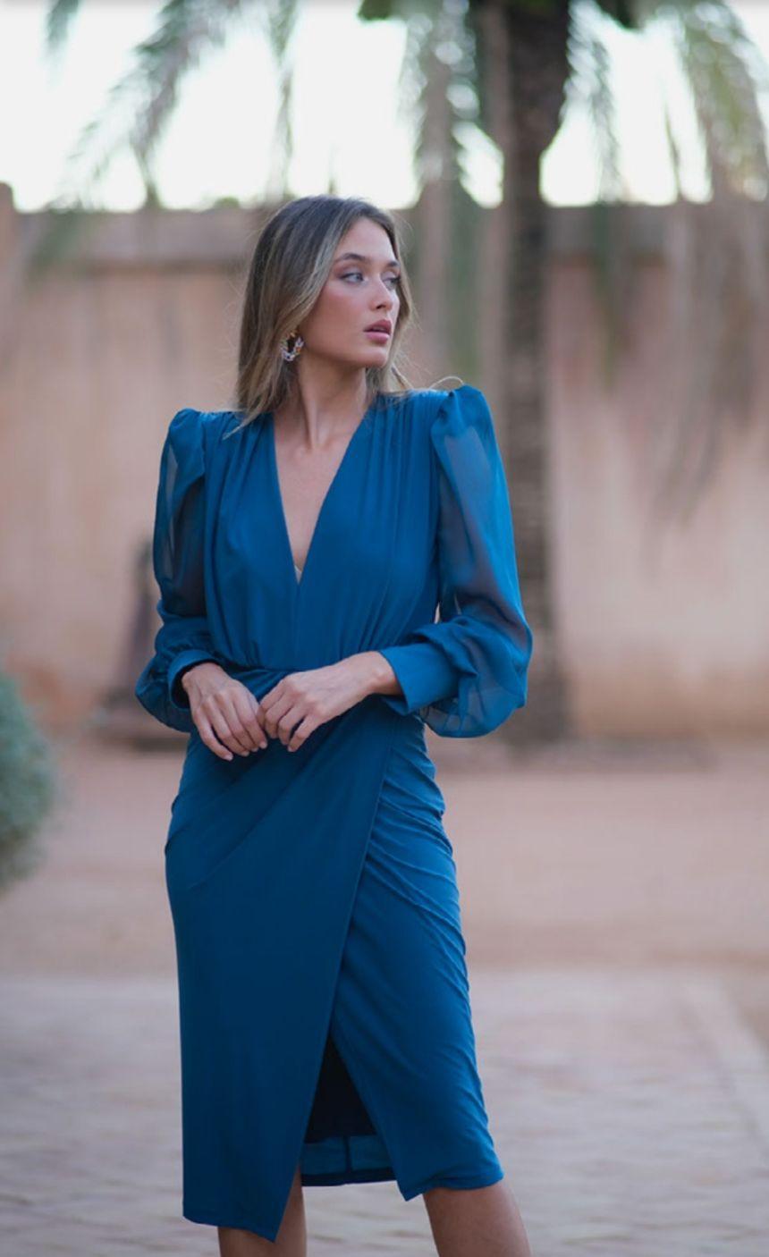 Vestido midi mangas organza - Wengué Ana y Carmen - Vestidos de fiesta cortos/midi - Seda y Color 